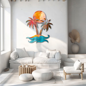 Tropical island palm trees metal wall art with coral sunset sky curling ocean waves and sunset beach aluminum wall decor