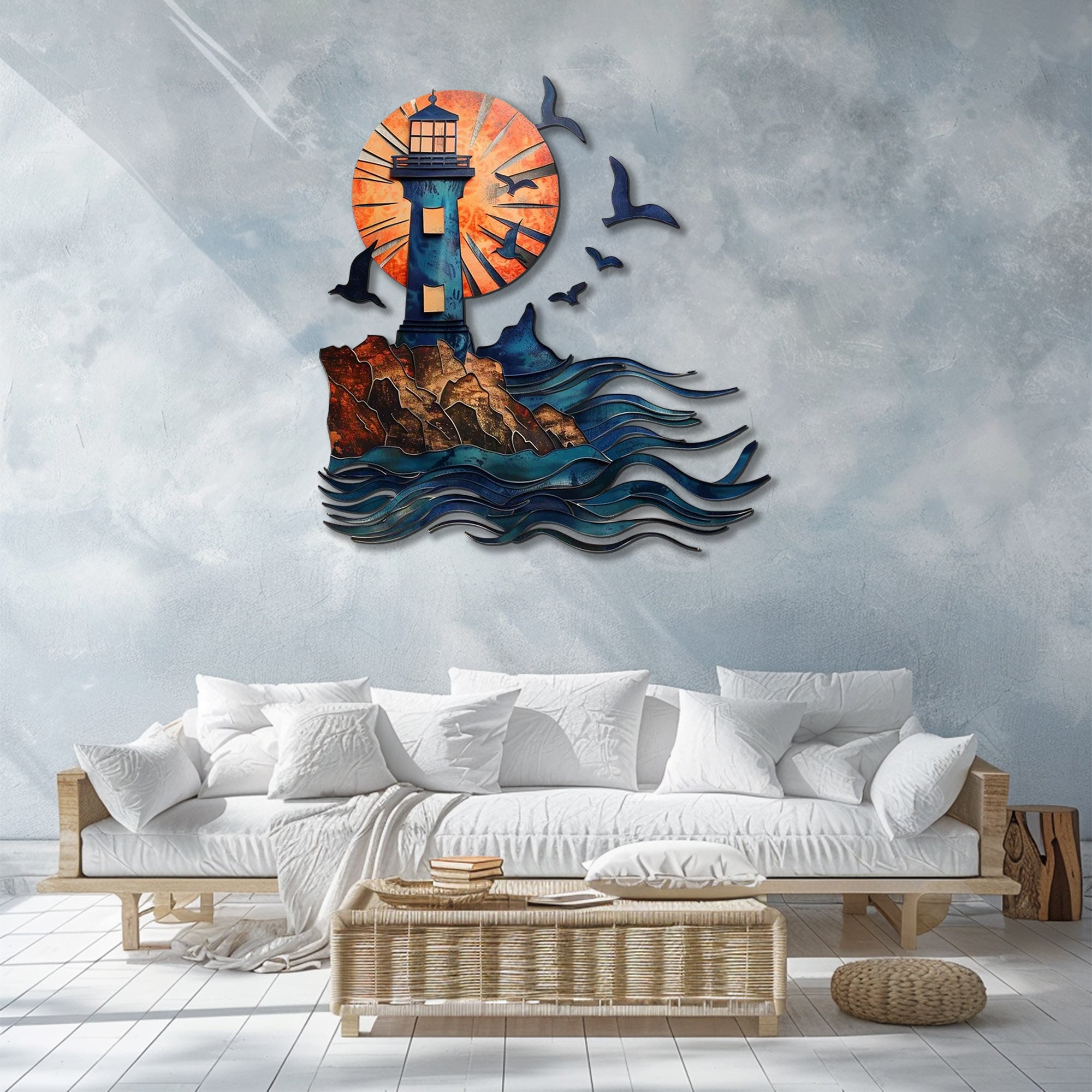 Lighthouse Seagull Ocean UV printed aluminum metal wall art for coastal beach house living room and patio decor