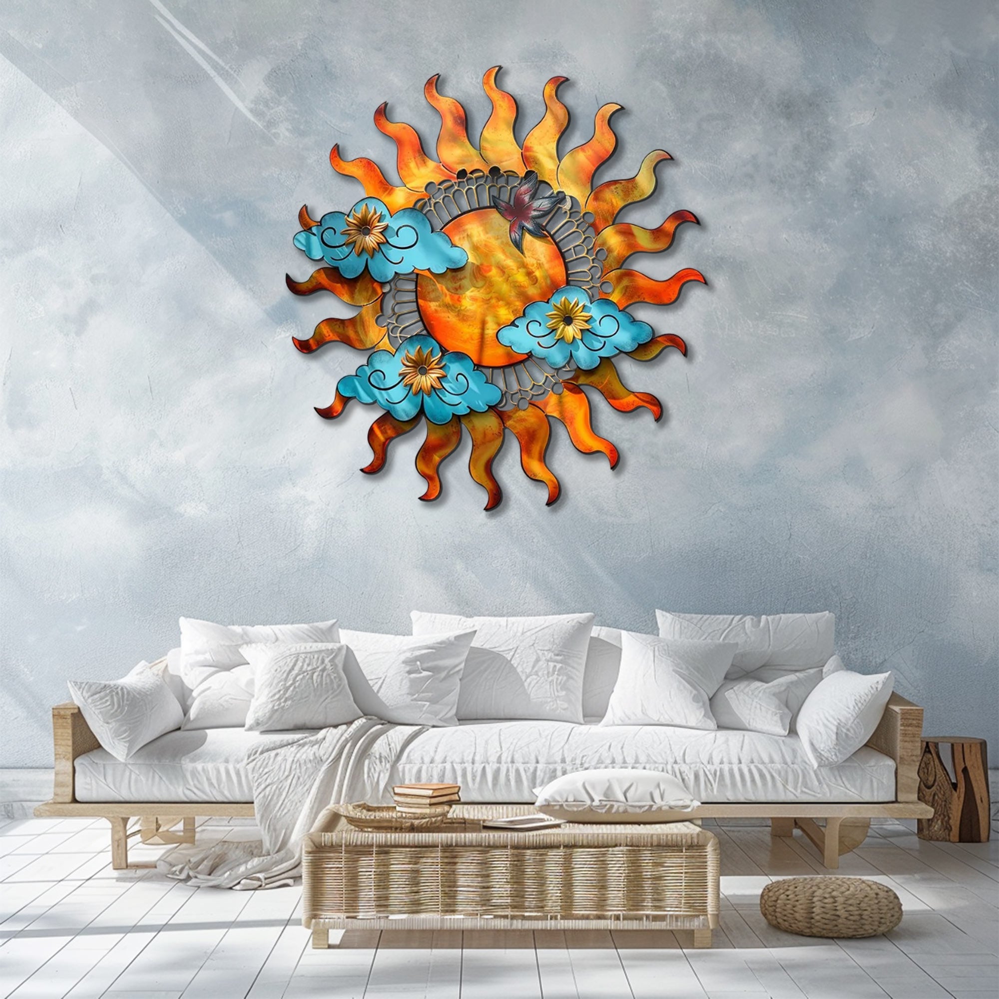 Sun Cloud UV printed aluminum metal wall art for colorful patio garden and outdoor wall decor