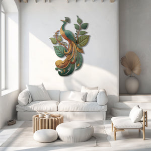 Peacock Leaf UV printed aluminum metal wall art for tropical patio garden and living room decor