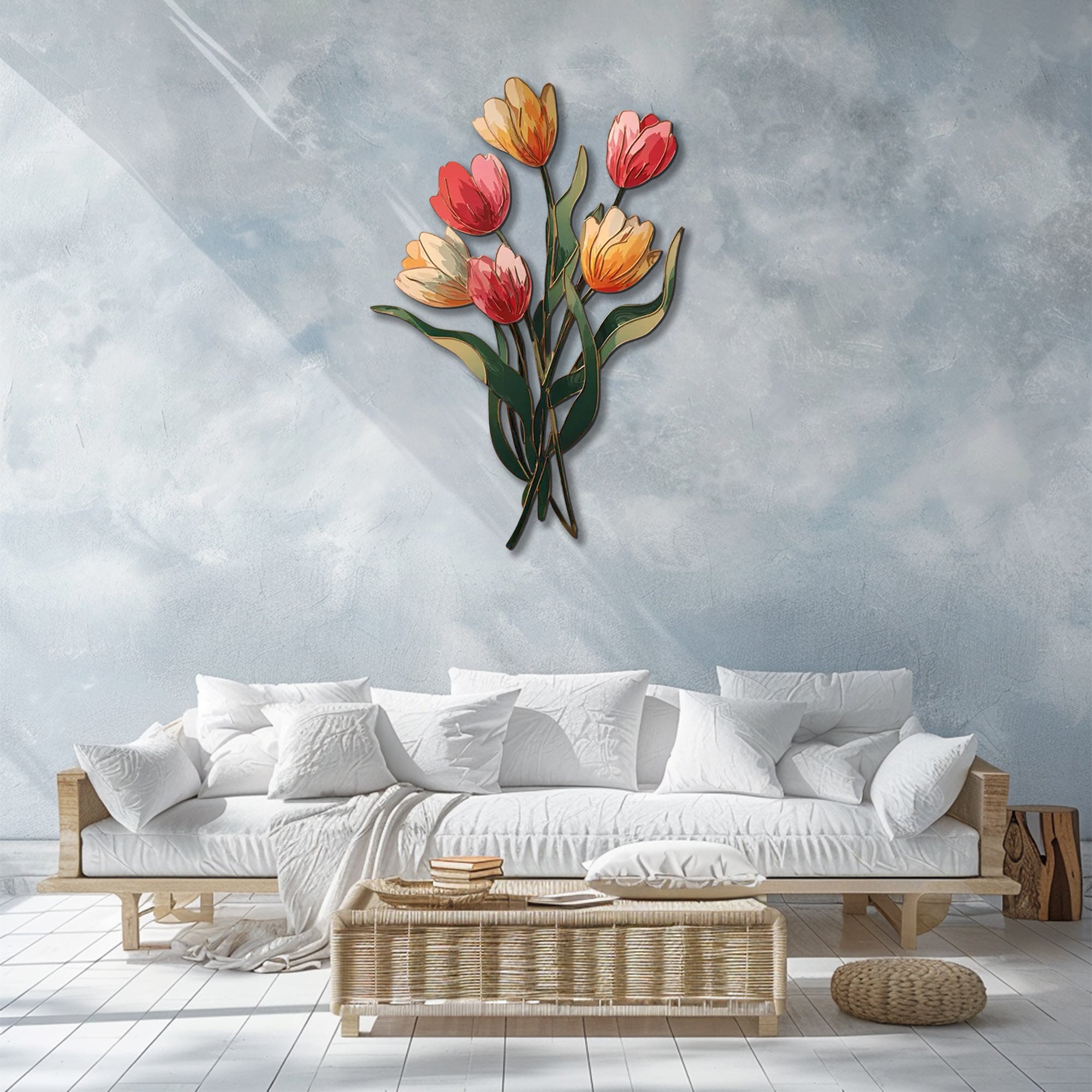 Colorful tulip bouquet metal wall art with pastel floral botanical design mounted on textured wall