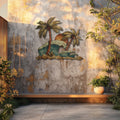 Tropical ocean wave metal wall art with palm trees and sunset coastal design mounted on textured wall