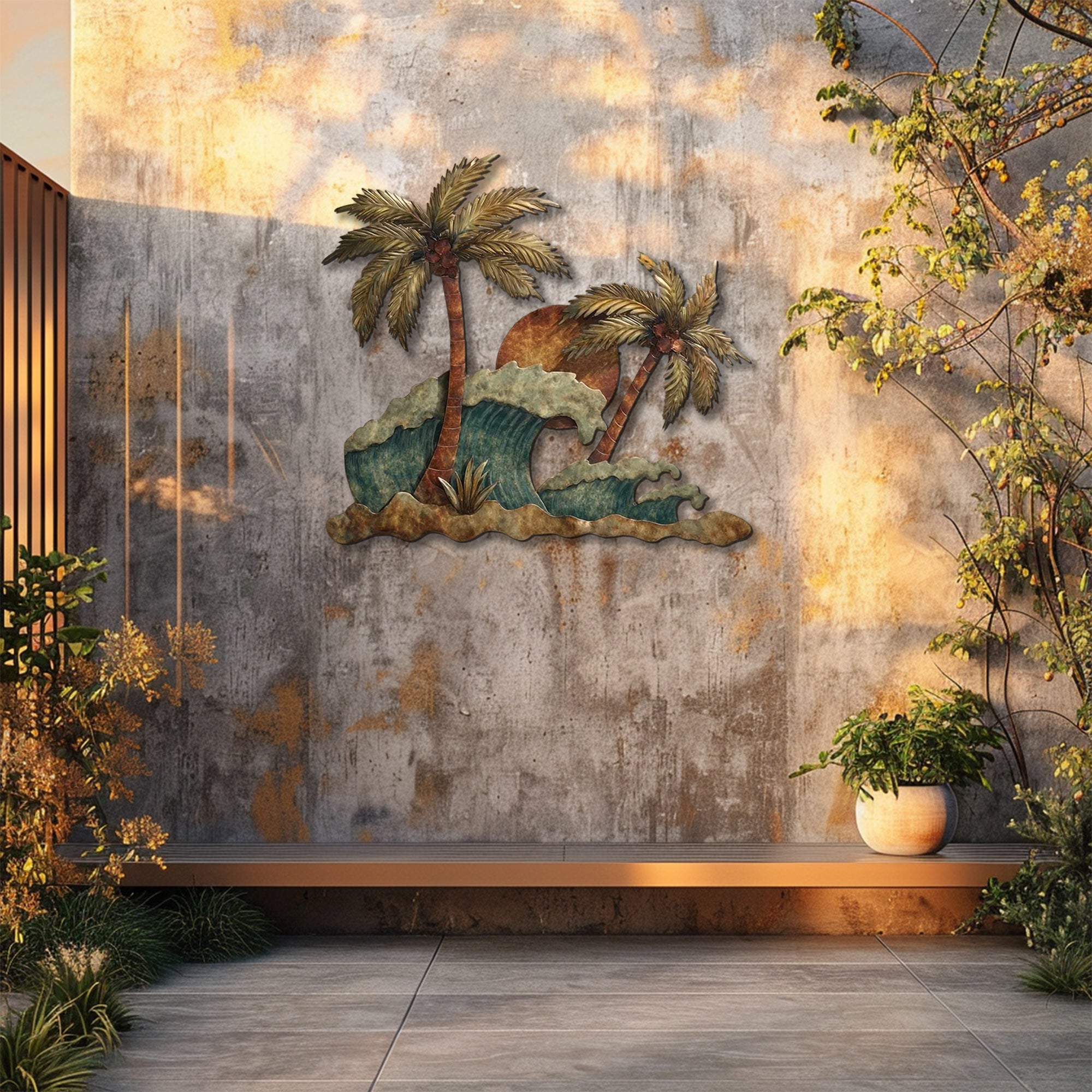 Tropical ocean wave metal wall art with palm trees and sunset coastal design mounted on textured wall