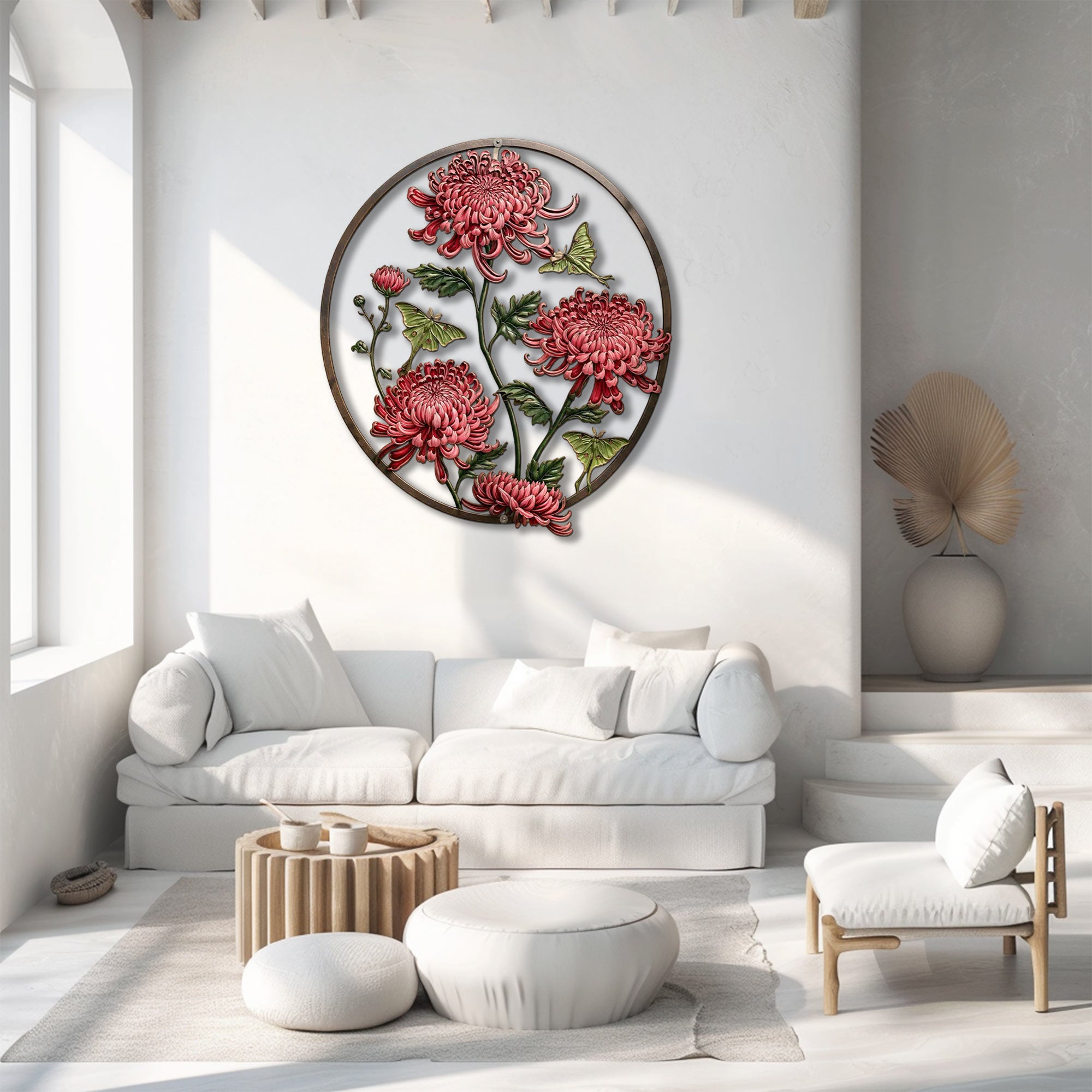 Chrysanthemum butterfly metal wall art floral botanical aluminum wall decor