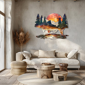 Brown trout fish metal wall art with leaping trout wild salmon mountain sunset rustic cabin pine trees wilderness lodge aluminum wall decor