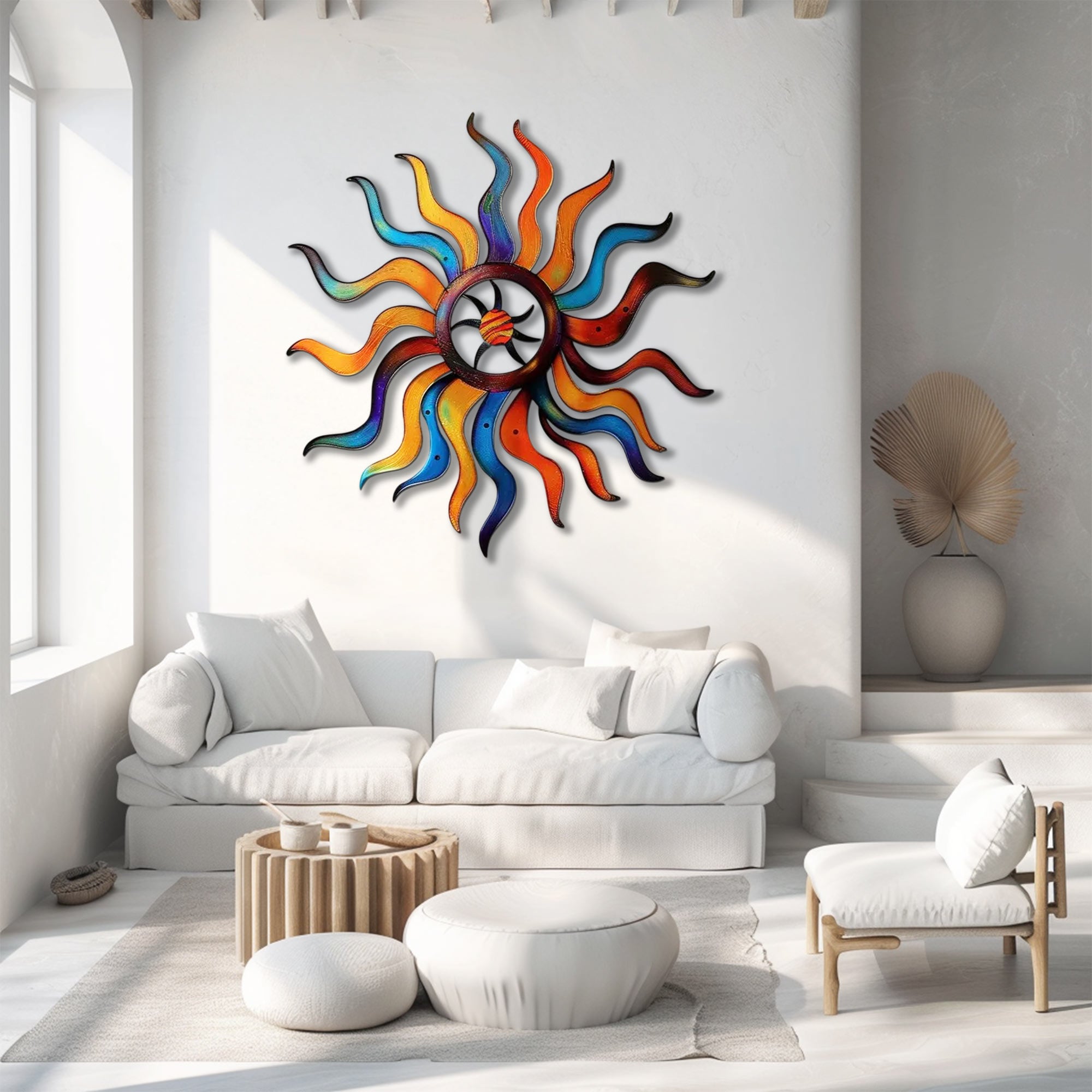 Rainbow Sun UV printed aluminum metal wall art for colorful abstract living room patio and garden decor
