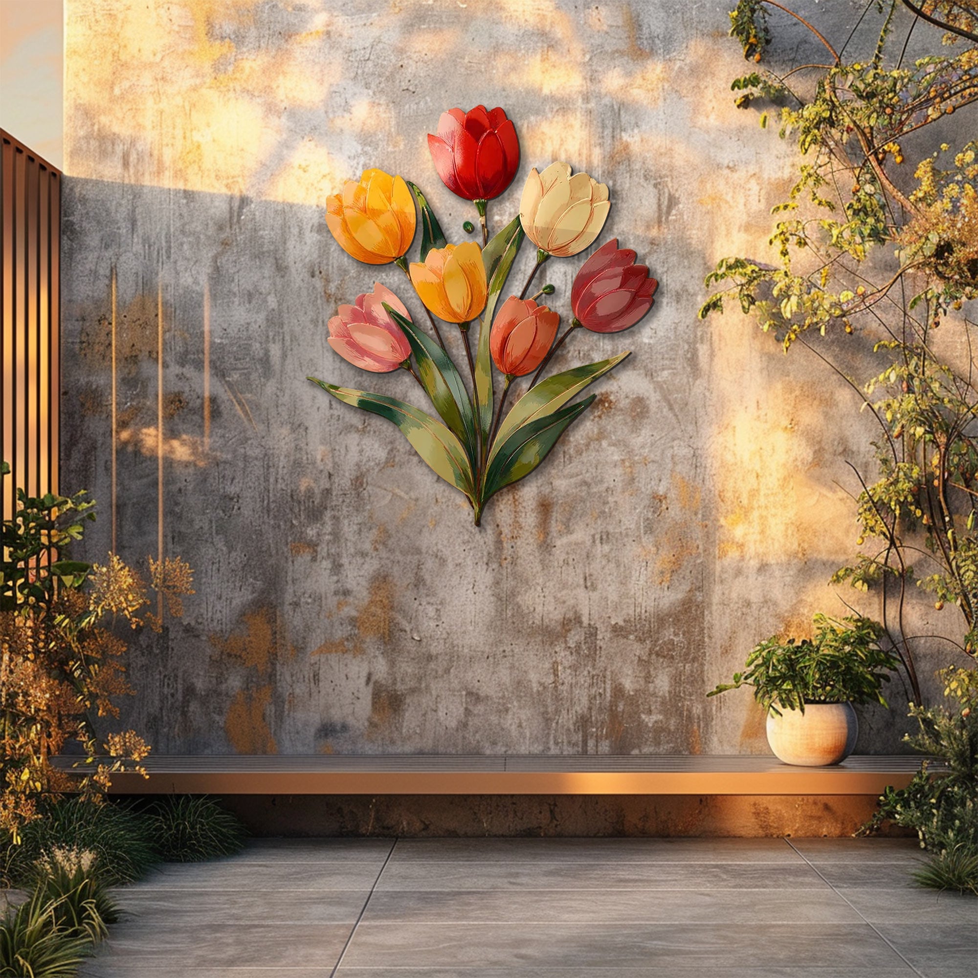 Colorful tulip metal wall art with vibrant floral bouquet mounted on textured wall