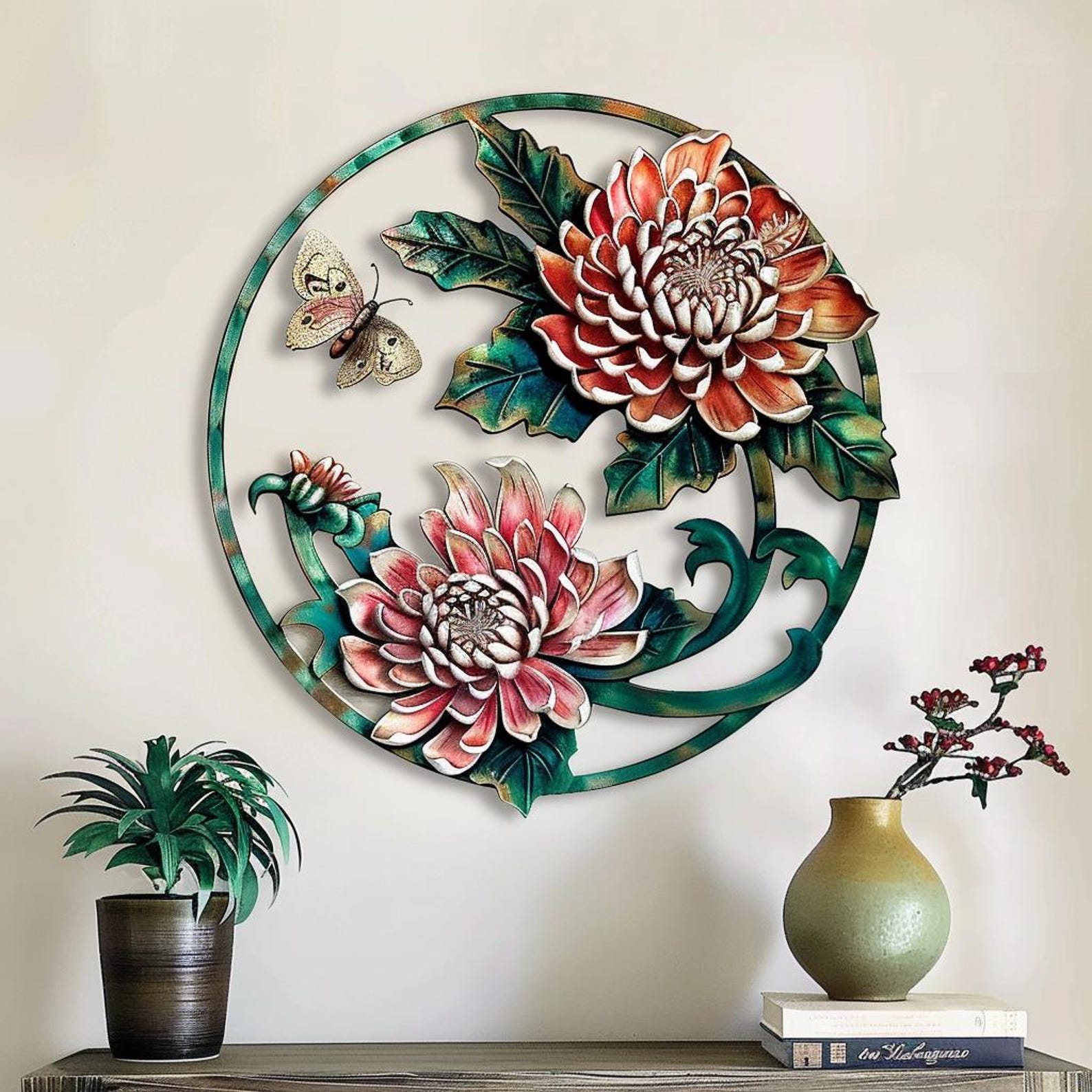 Lotus butterfly metal wall art floral botanical aluminum wall decor