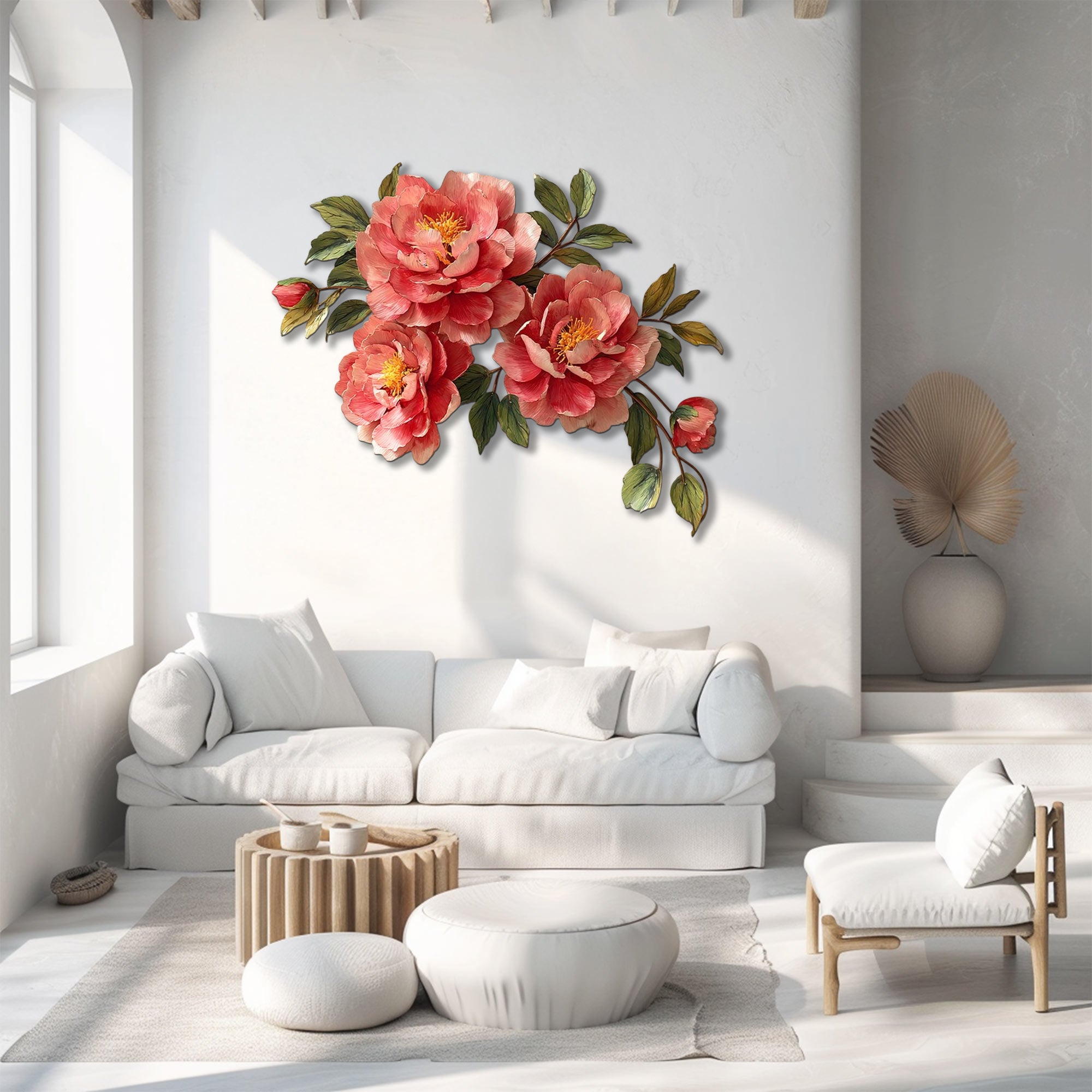 Pink peony blossom metal wall art with elegant floral branch design mounted on textured wall