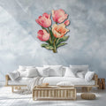 Pink tulip blossom metal wall art with elegant pastel floral design mounted on wall