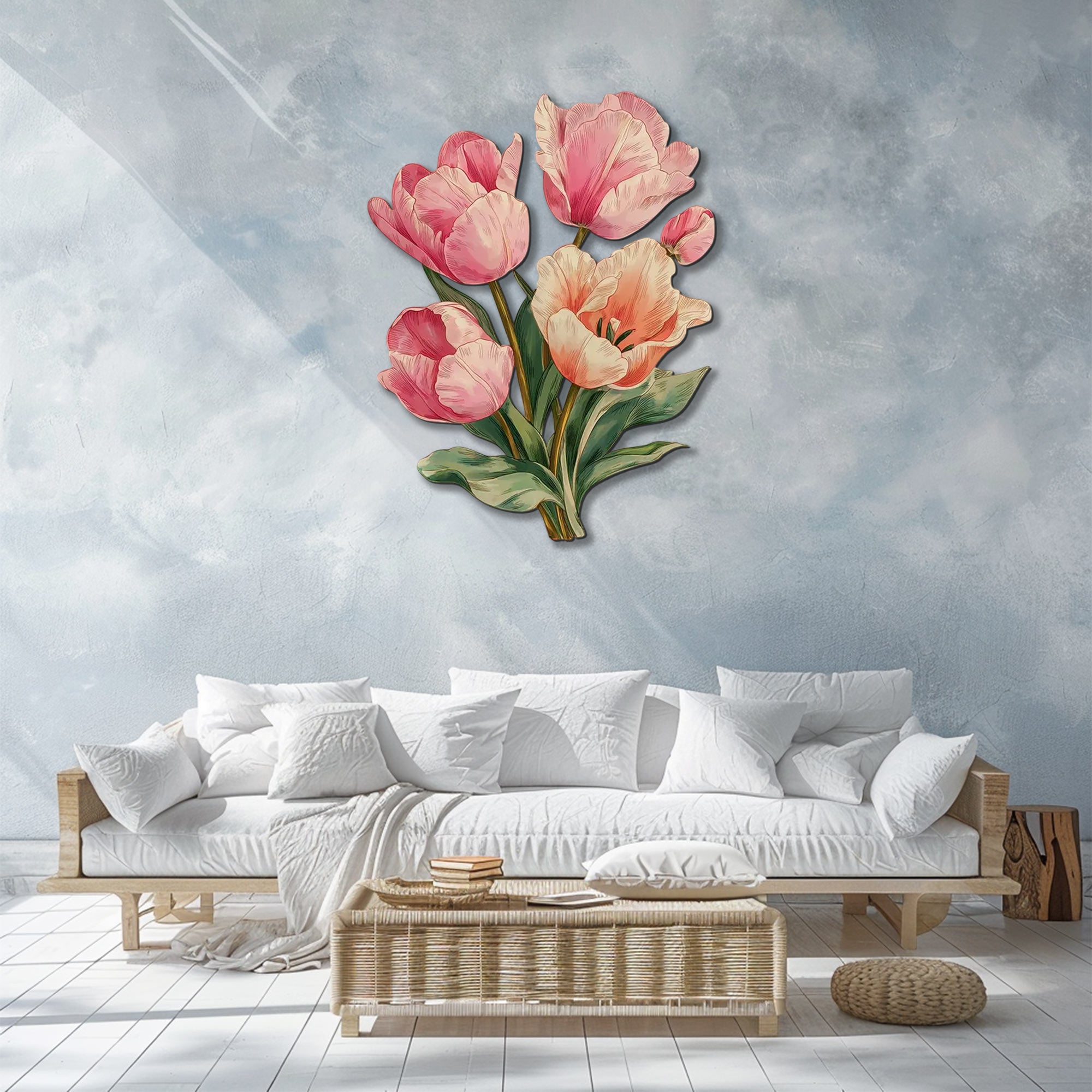 Pink tulip blossom metal wall art with elegant pastel floral design mounted on wall