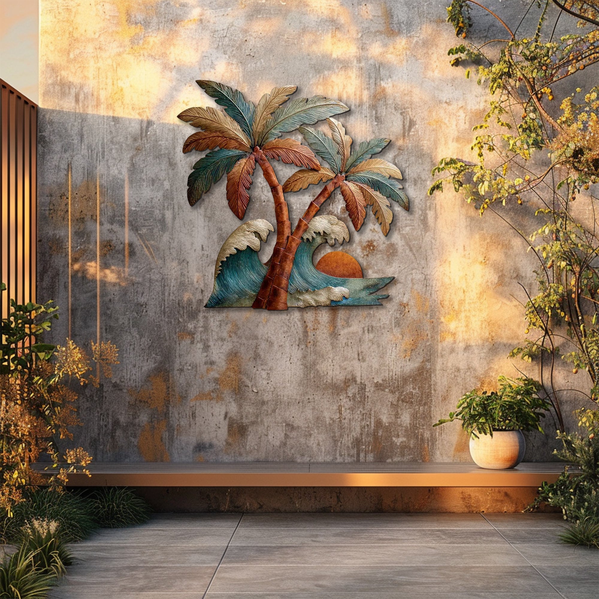 Tropical palm wave metal wall art with ocean waves and sunset coastal design mounted on wall