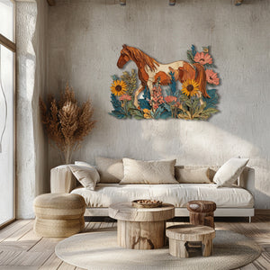 Floral horse metal wall art with wildflowers and rustic farmhouse styling