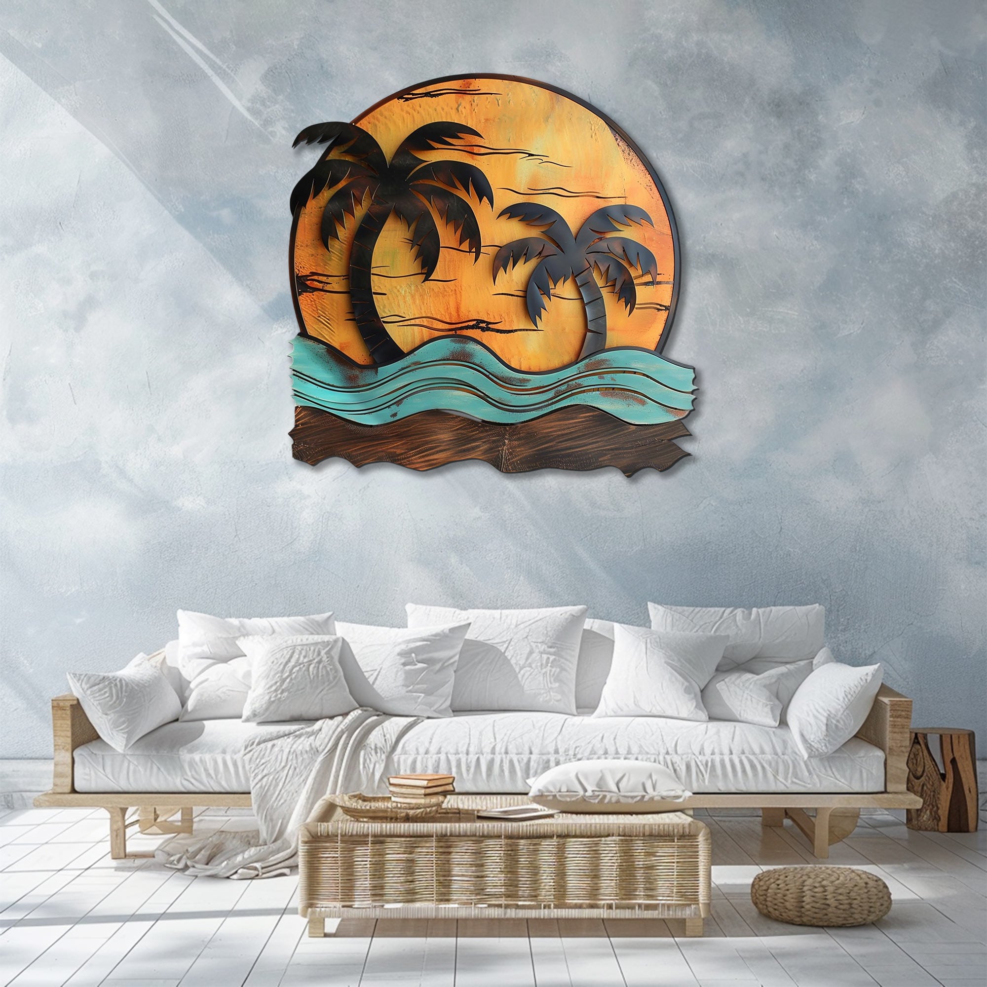 Rustic palm trees metal wall art with dark palm silhouettes weathered golden sun distressed teal waves beach aluminum wall decor