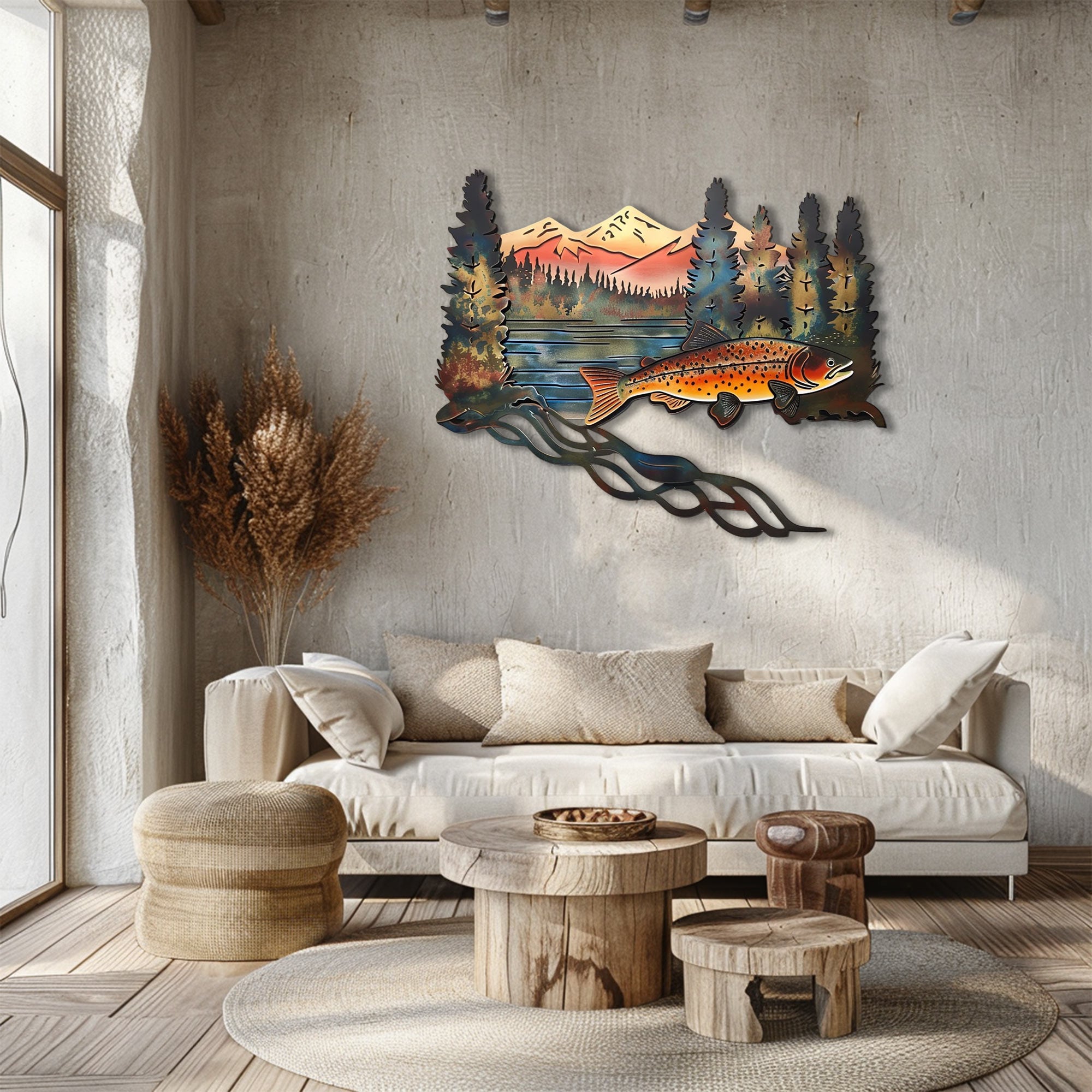 Brown trout metal wall art with swimming trout fish mountain peaks pine forest lake house cabin aluminum wall decor