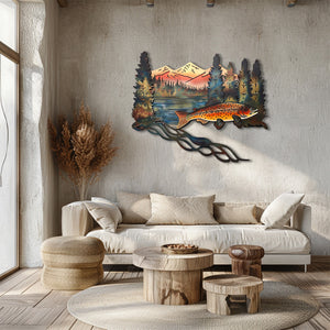 Brown trout metal wall art with swimming trout fish mountain peaks pine forest lake house cabin aluminum wall decor