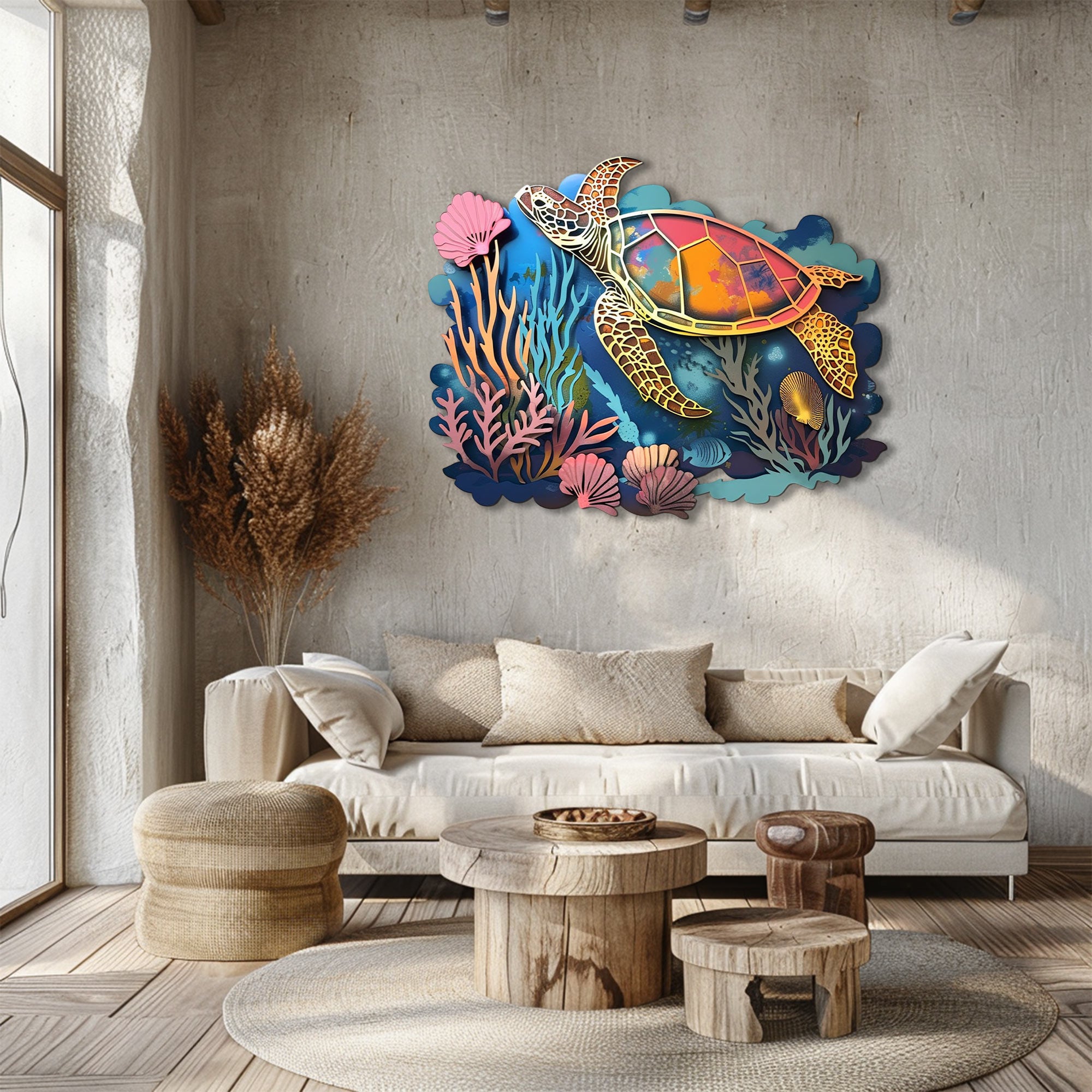 Sea turtle coral ocean metal wall art coastal decor