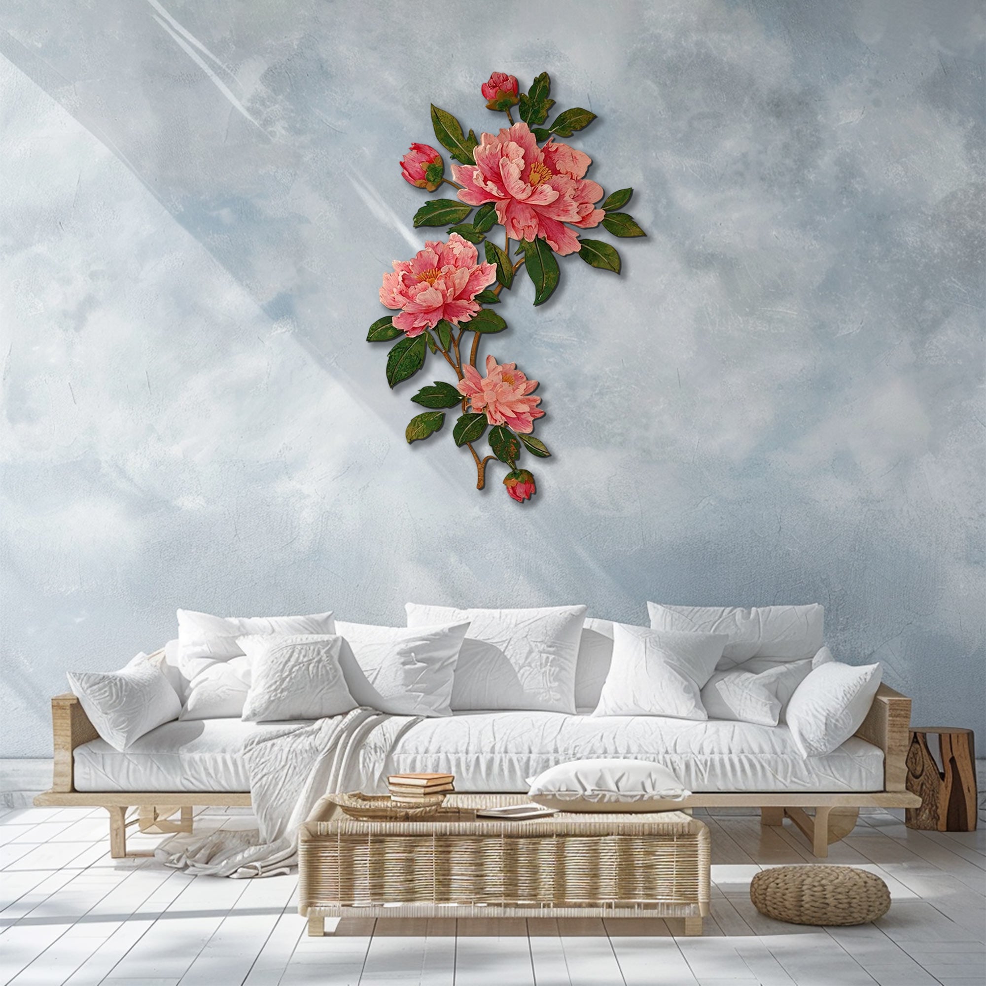 Pink peony branch metal wall art with elegant floral botanical design mounted on textured wall