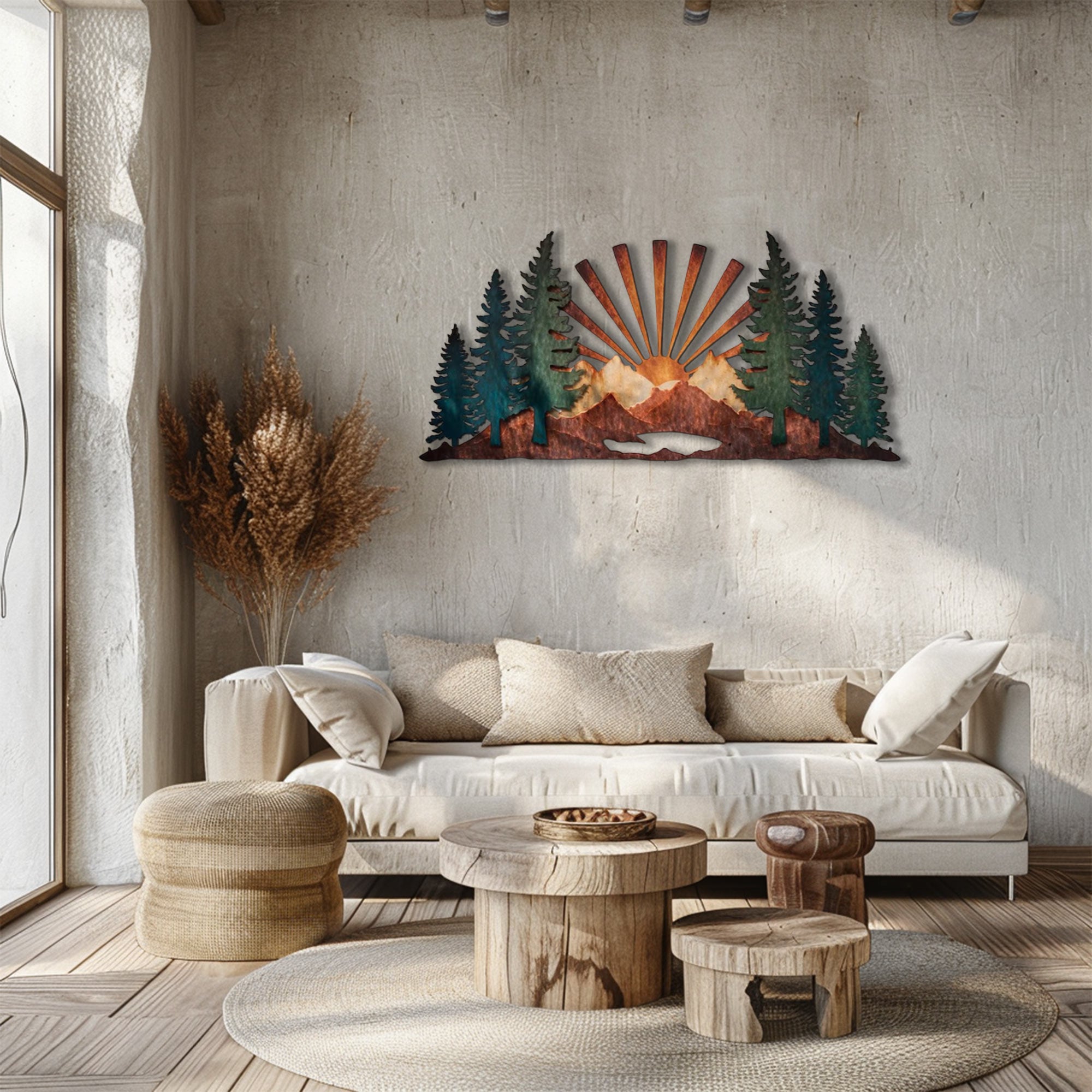 Mountain Forest Sunrise UV printed aluminum metal wall art for rustic cabin patio and living room decor