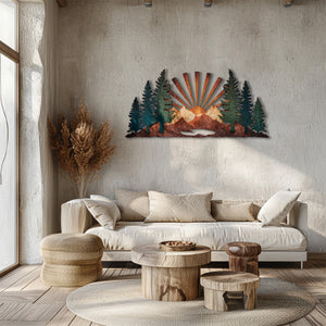 Mountain Forest Sunrise UV printed aluminum metal wall art for rustic cabin patio and living room decor