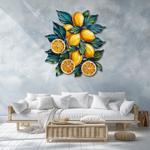 Lemon branch metal wall art with vibrant citrus fruits and botanical leaves for Mediterranean kitchen decor