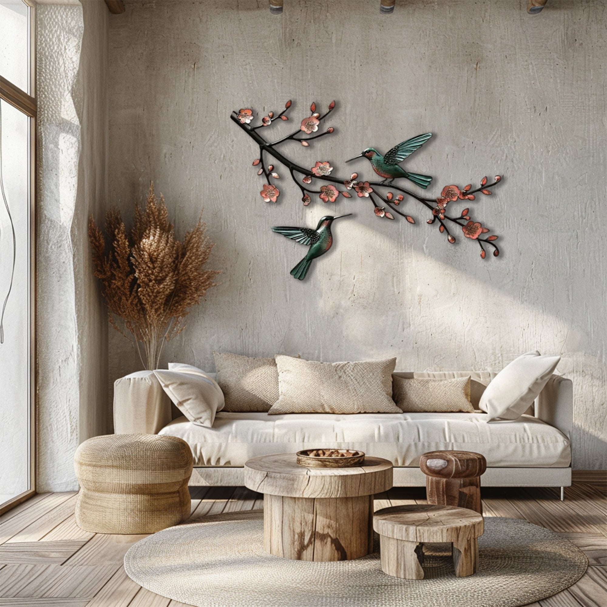 Hummingbird Cherry Blossom UV printed aluminum metal wall art for floral living room and patio decor
