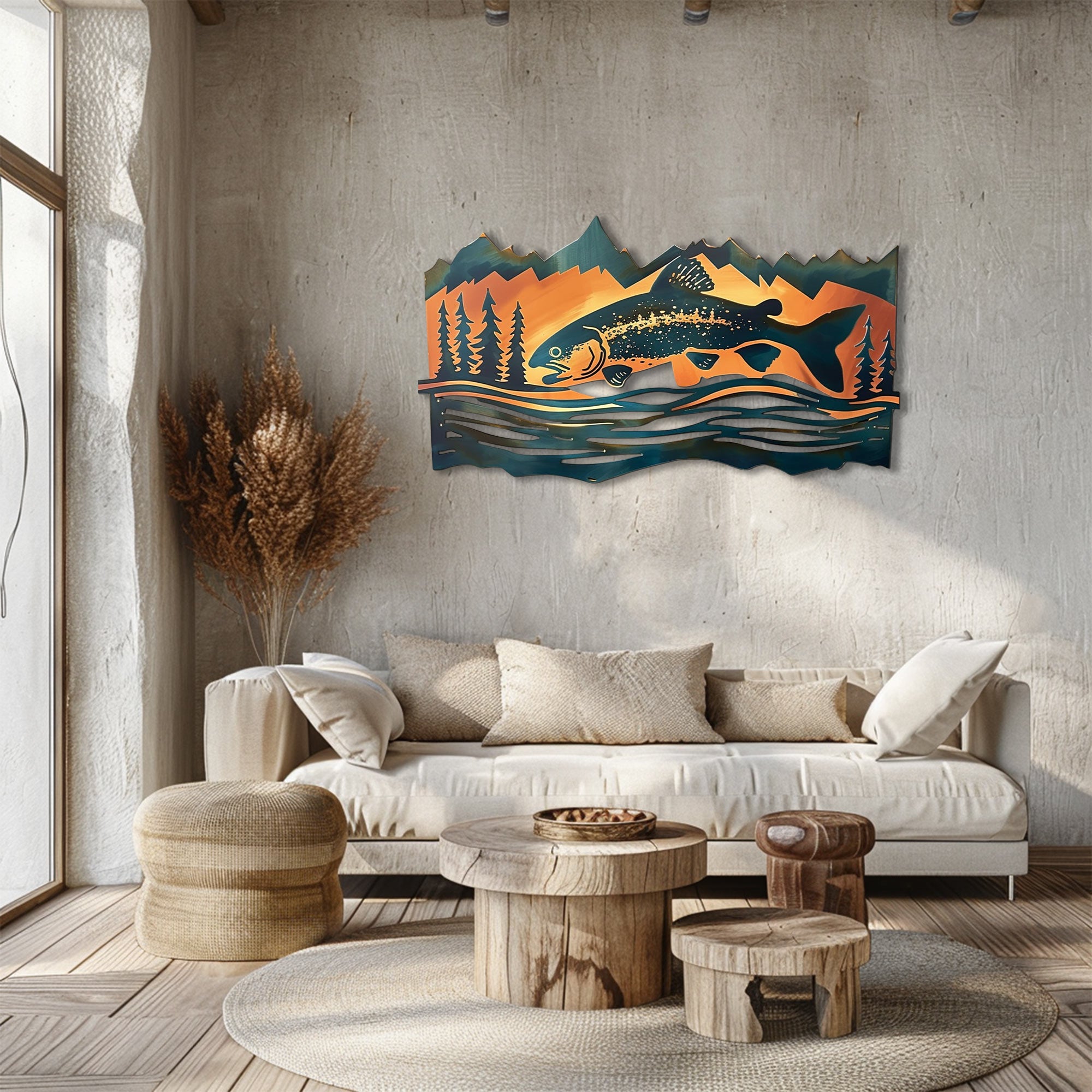 Trout fish metal wall art with jumping trout fish mountain peaks pine trees rustic cabin aluminum wall decor