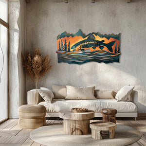 Trout fish metal wall art with jumping trout fish mountain peaks pine trees rustic cabin aluminum wall decor