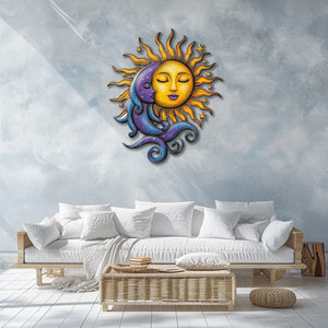 Celestial sun and moon metal wall art with mystical cosmic detailing