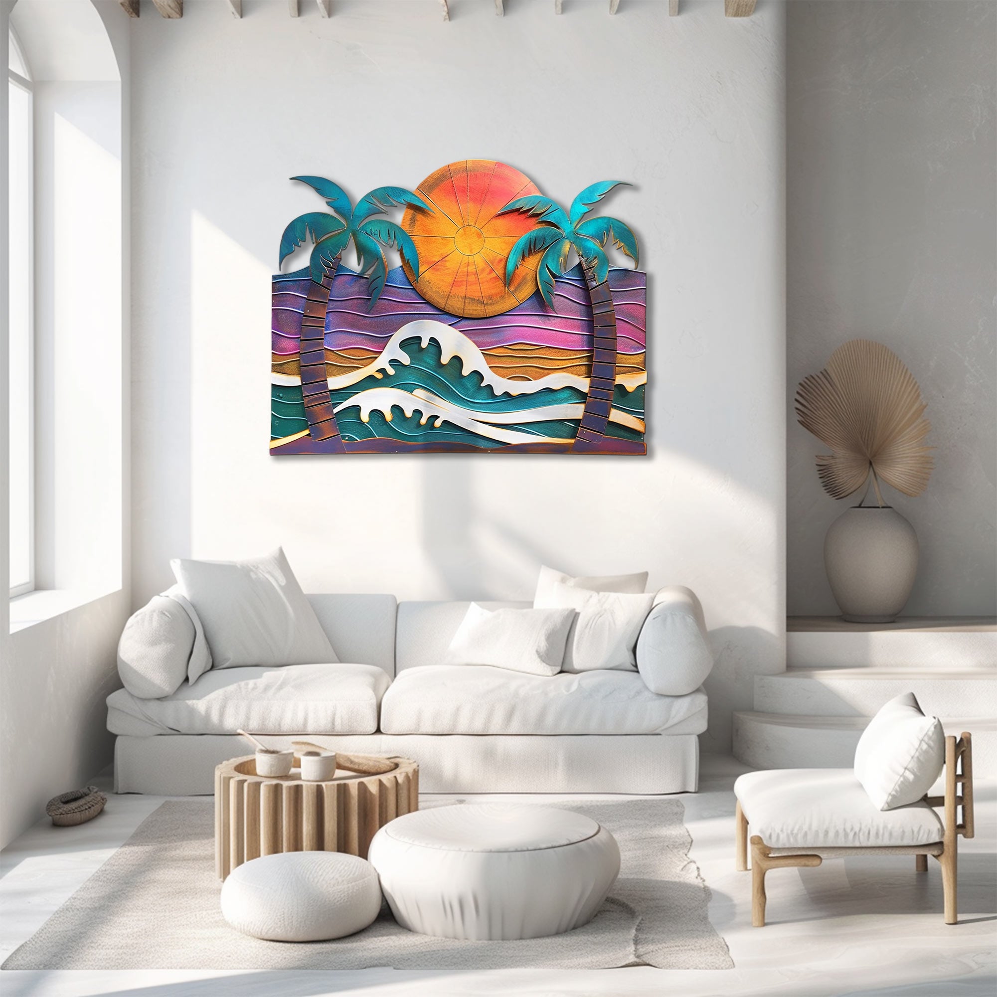 Modern ocean wave palm trees metal wall art with crashing whitecap waves purple sunset sky and framed tropical palm trees aluminum wall decor