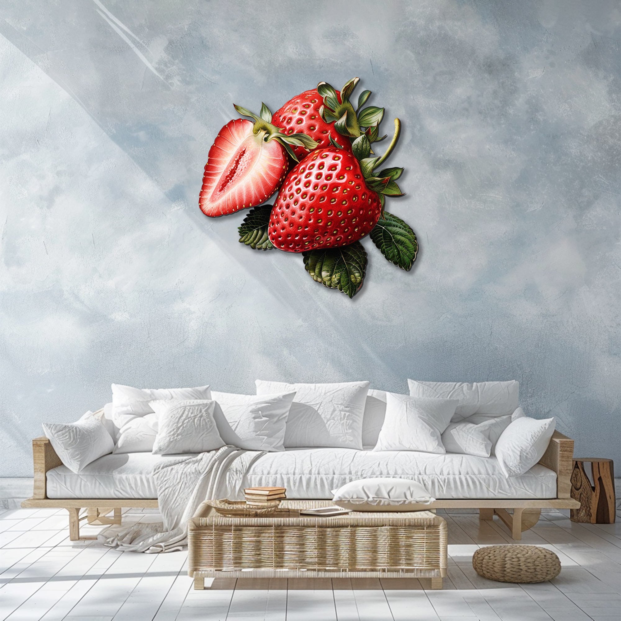 Strawberry botanical metal wall art with vibrant ripe fruit and leafy greenery for farmhouse kitchen decor