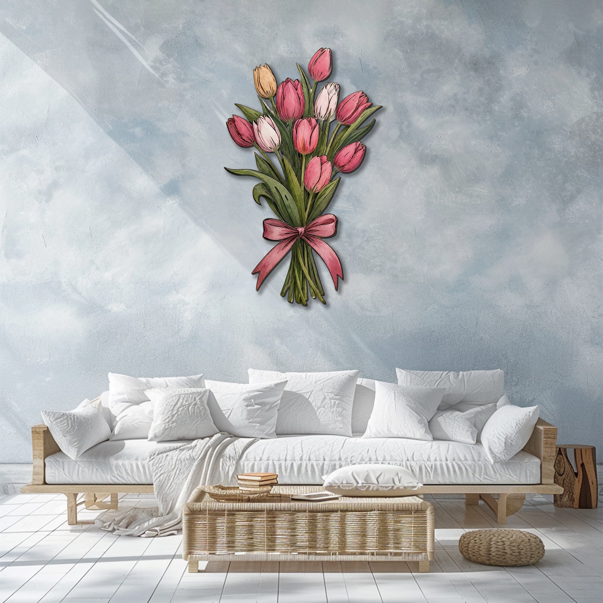 Pink tulip bouquet metal wall art displayed on beige wall with soft floral pastel colors