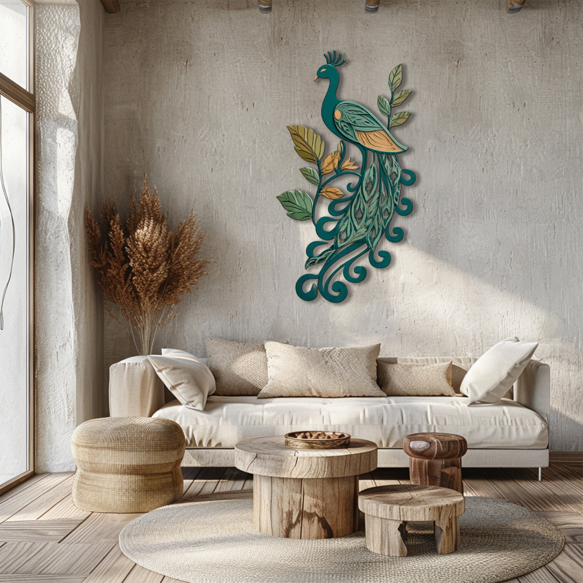 Teal Peacock UV printed aluminum metal wall art for botanical patio garden and living room decor