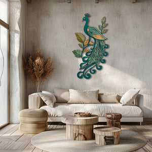 Teal Peacock UV printed aluminum metal wall art for botanical patio garden and living room decor