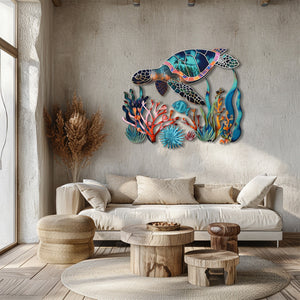 Sea turtle coral reef metal wall art coastal ocean decor