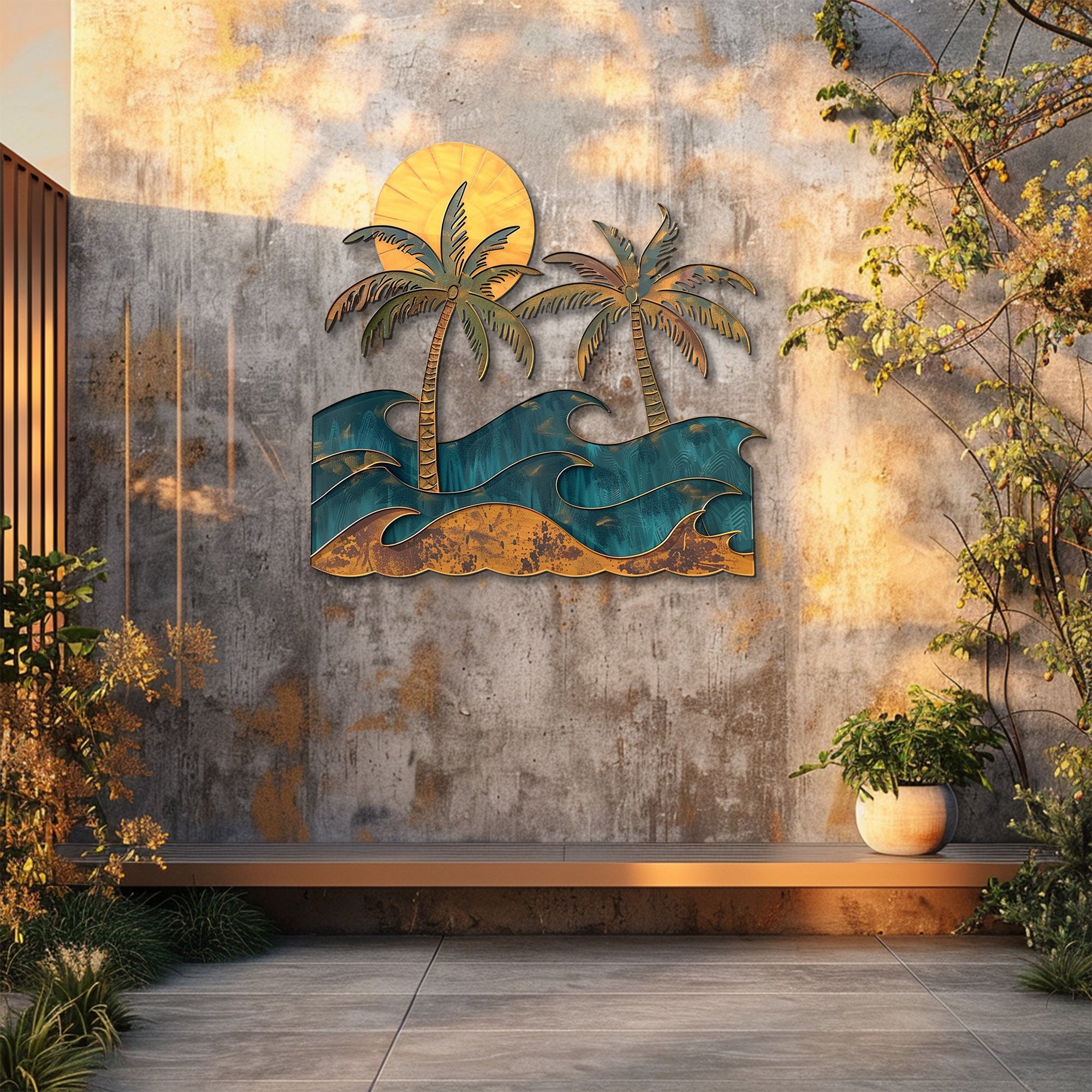 Rustic palm trees ocean waves metal wall art with vintage golden sand shore rolling teal waves and yellow sun coastal beach aluminum wall decor