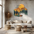 Mountain river sunset metal wall art with pine trees winding river stream and giant golden sun rustic cabin aluminum wall decor