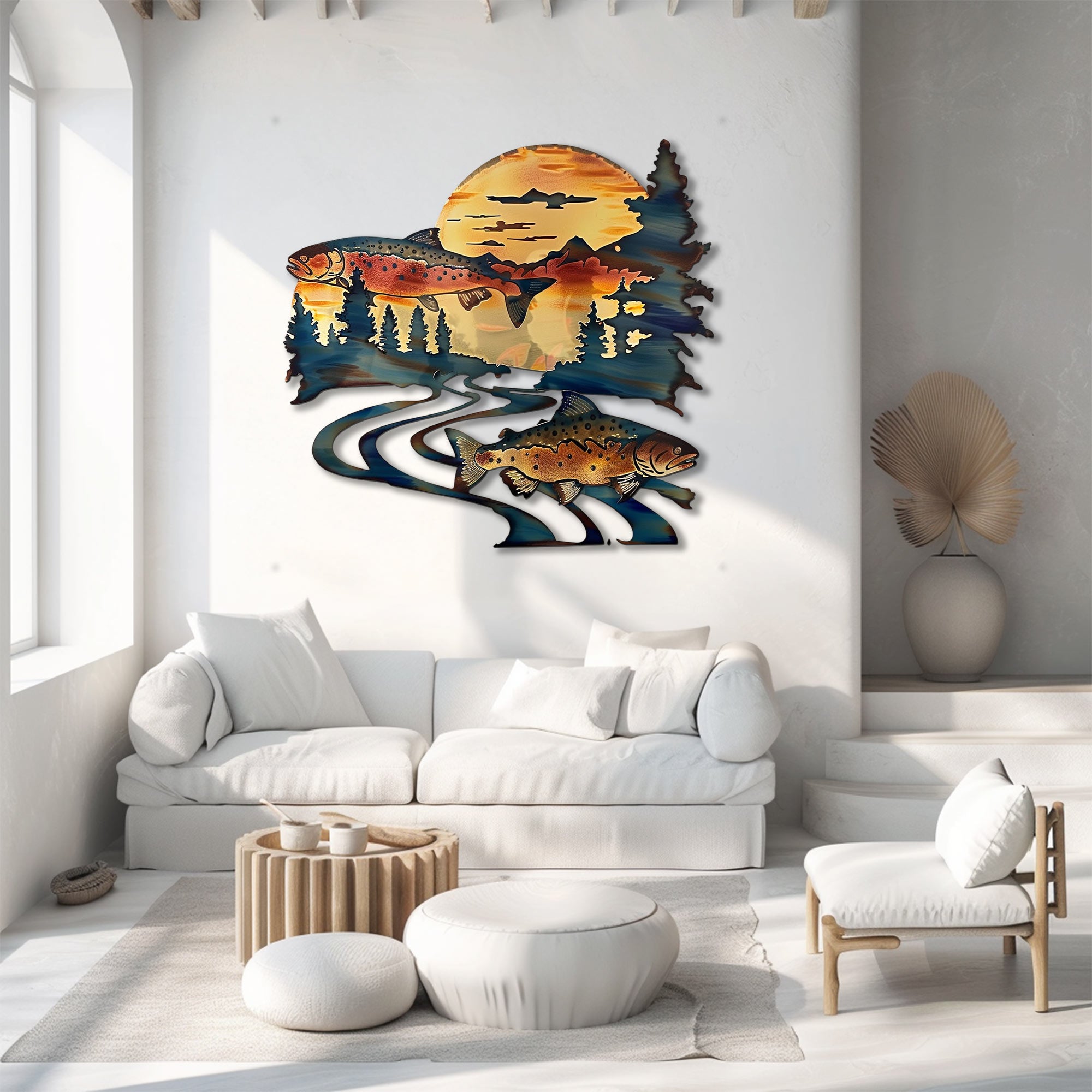 Twin trout fish metal wall art with dual leaping trout winding river mountain golden sunset rustic cabin pine trees wilderness aluminum wall decor