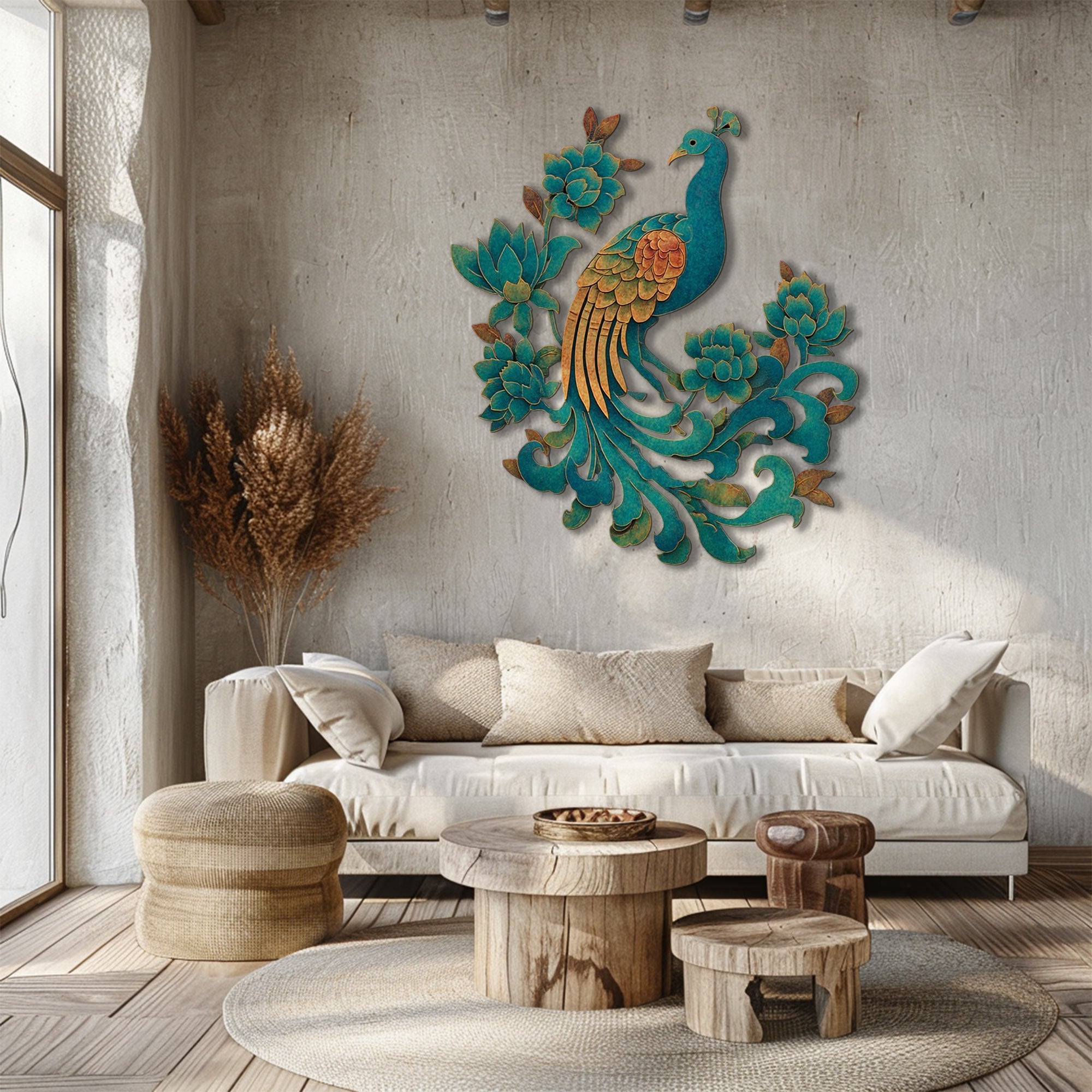Peacock Floral UV printed aluminum metal wall art for botanical patio garden and living room decor