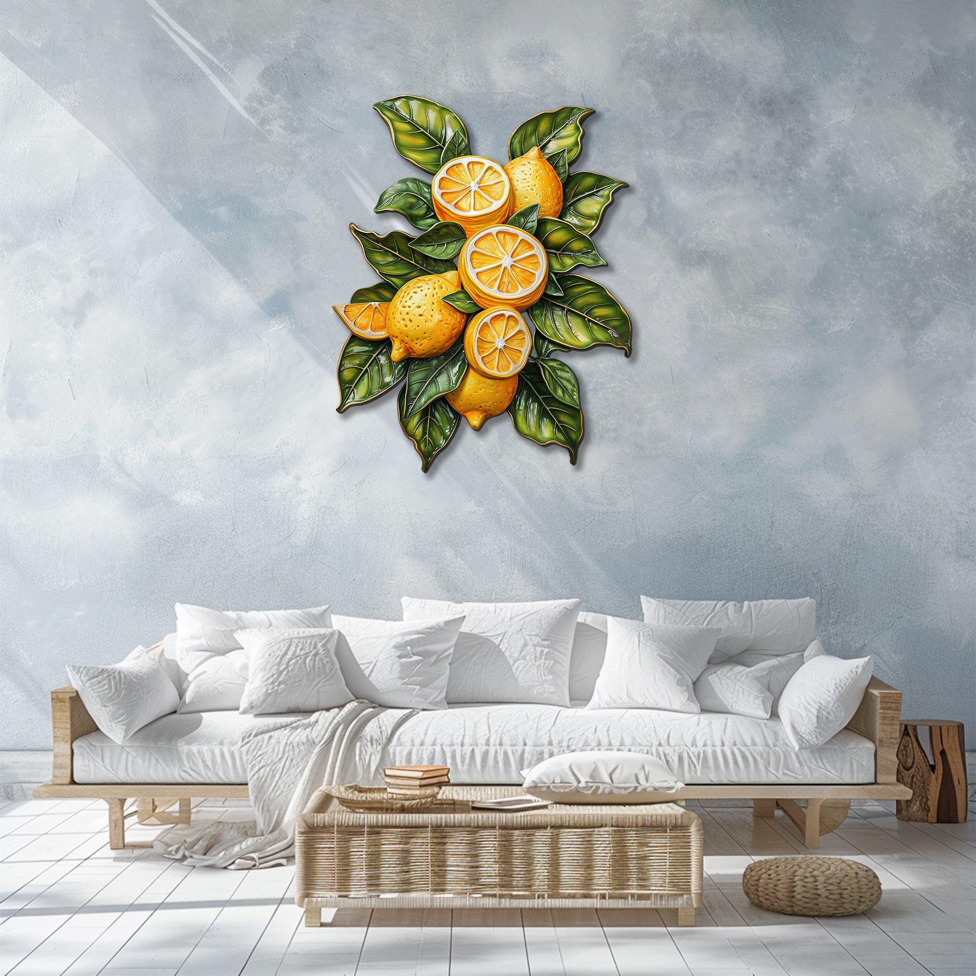 Lemon orchard metal wall art with vibrant citrus fruits and leafy botanical branches for Mediterranean kitchen decor