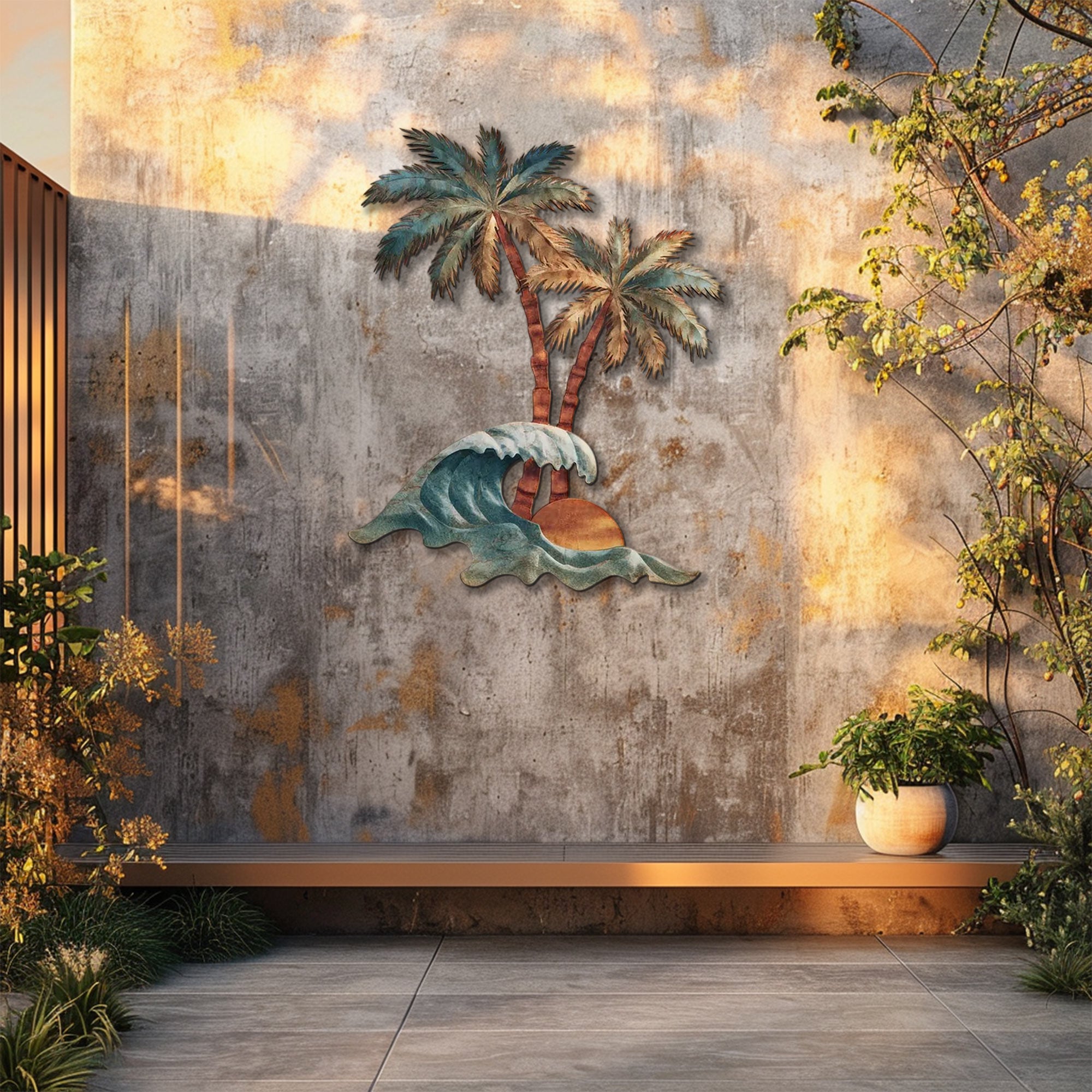 Tropical palm wave metal wall art with ocean waves and sunset coastal design mounted on wall