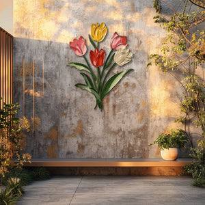 Pastel tulip bouquet metal wall art with colorful floral botanical design mounted on textured wall