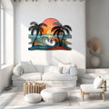 Ocean wave heart metal wall art with hidden wave heart center double sunset sun dark palm silhouettes coastal beach bedroom aluminum wall decor
