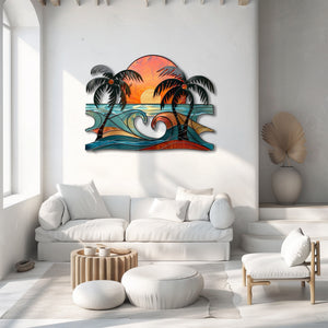 Ocean wave heart metal wall art with hidden wave heart center double sunset sun dark palm silhouettes coastal beach bedroom aluminum wall decor