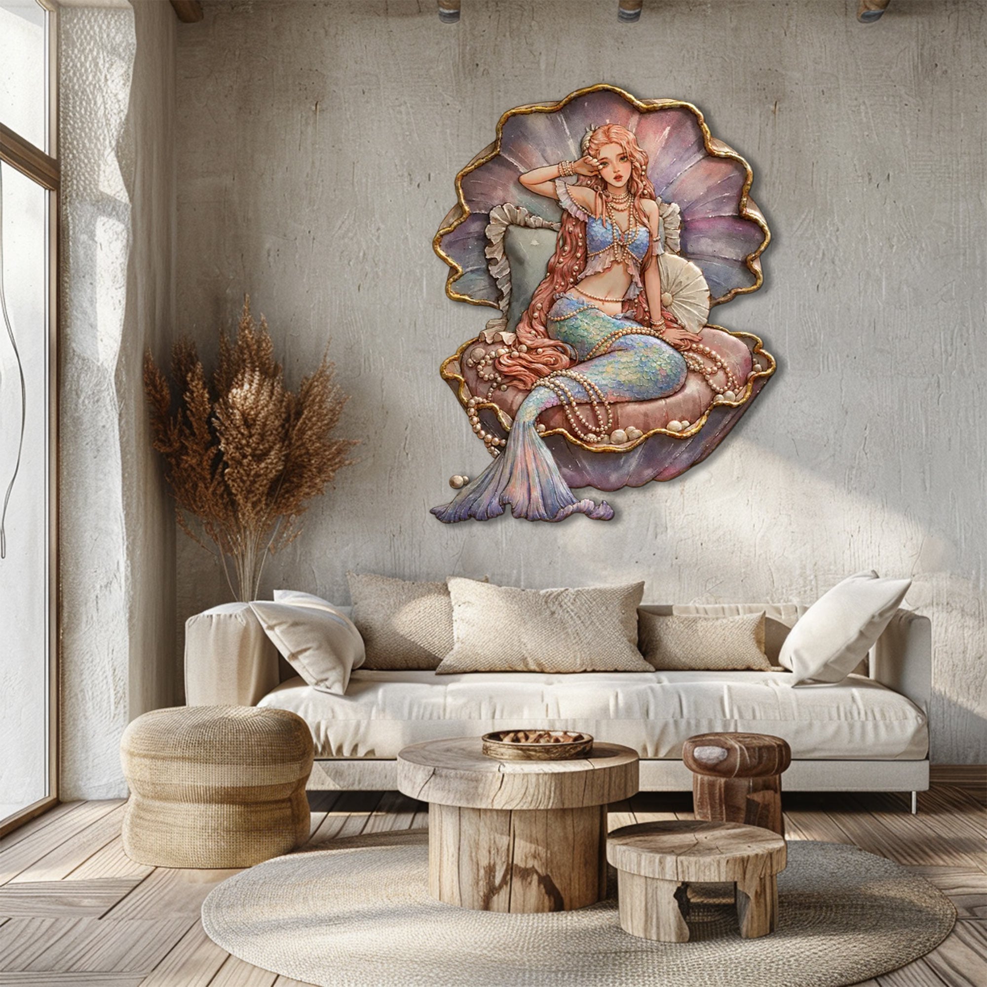 Mermaid Pearl Seashell UV printed aluminum metal wall art for ocean bedroom nursery and beach house decor