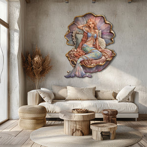 Mermaid Pearl Seashell UV printed aluminum metal wall art for ocean bedroom nursery and beach house decor