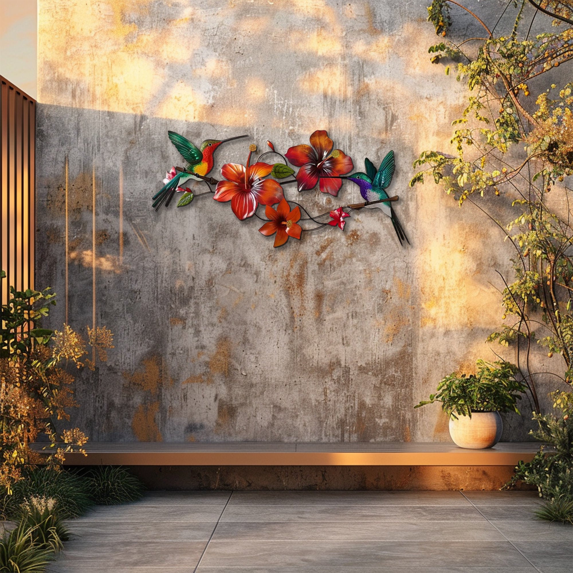 Hummingbird Flower UV printed aluminum metal wall art for tropical living room and patio decor