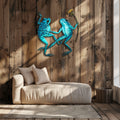 Blue frog couple metal wall art with flower whimsical garden aluminum wall decor
