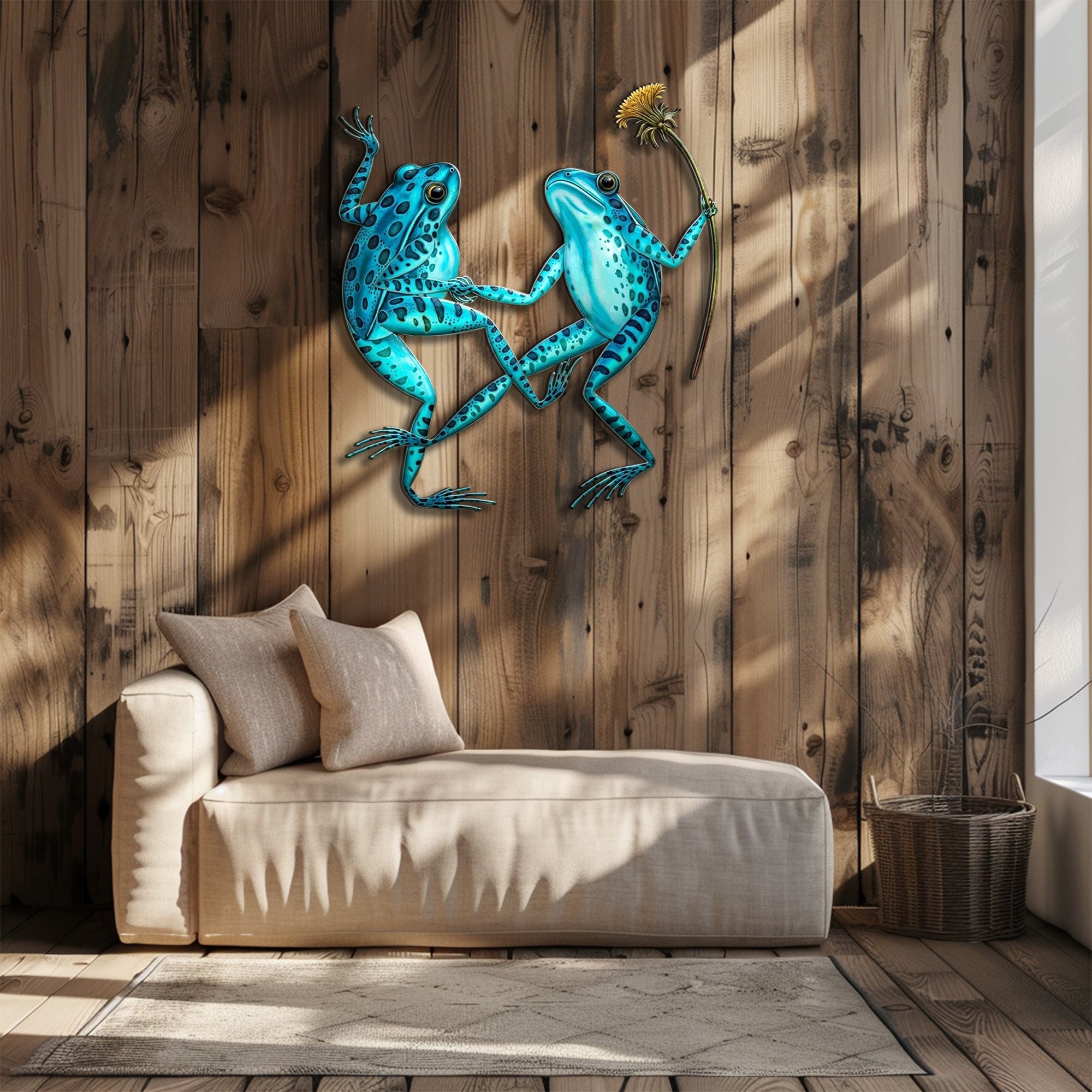 Blue frog couple metal wall art with flower whimsical garden aluminum wall decor