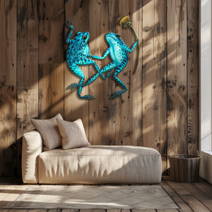 Blue frog couple metal wall art with flower whimsical garden aluminum wall decor
